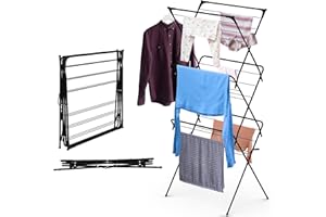 ABN Finest Clothes Horse Indoor Folding Metal Black Maiden Clothes Dryer, 18m Drying Racks with 10kg Load Capacity, Compact Clothes Airer for Small Spaces