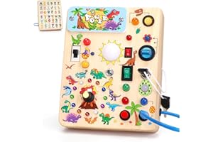HOAROSALL Dinosaur Montessori Busy Board dla maluchów w wieku 1 roku Tablica aktywności Drewniana zabawka z 10 przełącznikami i 23 światłami LED Tablica sensoryczna Zabawka w wieku 1, 2, 3 lat