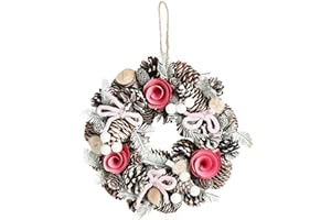 com-four® Wieniec adwentowy z różowymi kokardkami i różowymi kwiatami, wieniec dekoracyjny, dekoracja bożonarodzeniowa, wieniec na stół, wieniec bożonarodzeniowy