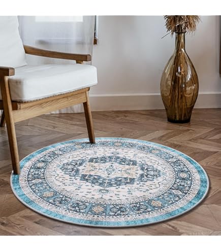 Carvapet Wasbaar rond vloerkleed, 90 cm, zacht pluizig cirkeltapijt, bedrukte laagpolig antislip vloer, ronde tapijten voor ingang, woonkamer, slaapkamer (gemêleerd blauw