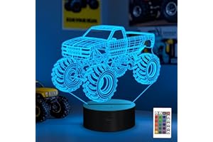 YUANDIAN 3D Night Lights for Children, Kids Night Lamp, Monster Trucks for Boys, 16 LED Colors Changing Lighting, Car Shape Acrylic Lighting Table Desk Bedroom Decoration, Ideas Birthday Xmas