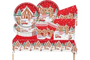COSORO 69Pcs Christmas Party Tableware Plastic Table Cloth Cover,Paper Plates,Napkins and Cups for Xmas Party Table Decorations,Red Gingerbread Man Dinnerware Set for Christmas Party Supplies