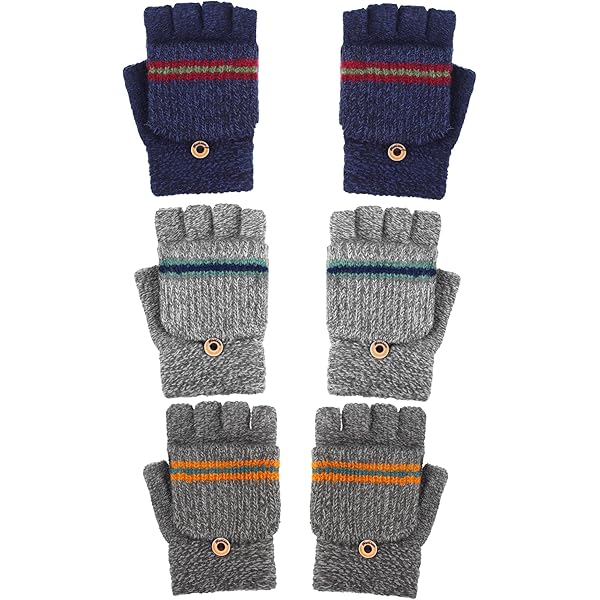 Lot De 3 Paires De Gants Sans Doigts Pour Enfants 5-12 Ans - Mitaines Convertibles à Rabat, Motifs élévateur - 2