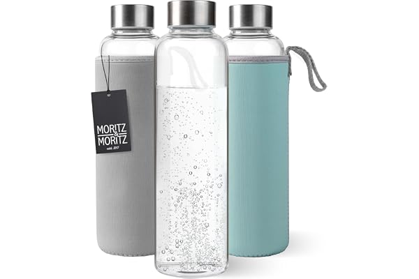 Moritz & Moritz Vattenflaska Glas 500 ml med Neoprenfodral – Läckagesäker och Kolsyretålig – Glasflaska för Sport, Kontor, Skola och Resor