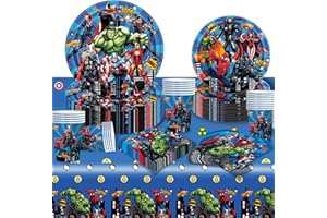 Forfamy Kit Compleanno Bambini Supereroi, Set Compleanno Piatti Carta Tovaglioli Tovaglie Bicchieri Carta per Decorazioni Feste Compleanno Supereroi (A)