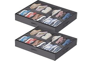 Lifewit 2 Piezas Bolsas de Almacenamiento para Zapatos con Ventana Transparente, Cajas Almacenaje Zapatos Plegables Debajo de la Cama con Asas, Organizador Zapatos, 12 Compartimentos, Gris, 2x12 Pares
