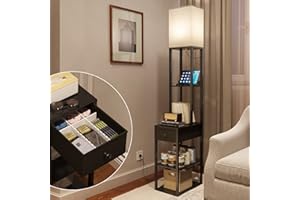 ‎ADDLON addlon Stehlampe mit lampeshrim, dimmbare Stehlampe mit 2 USB-Ladeanschlüssen&Schublade, LED Stehlampe Vintage mit 3 Farbtemperaturen, Stehleuchte mit Holzregalen für Wohnzimmerf, Schlafzimmer, Büro