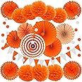 ZERODECO Party Decoration, Orange 21 Pcs Hanging Paper Fans, Pom Poms Flowers, Garlands String Polka Dot and Triangle Bunting Flags