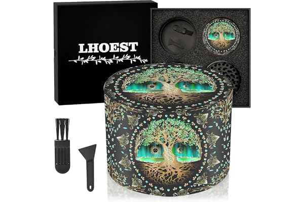LHOEST Grinder Stor kross, 63 mm kryddkvarn med skrapa och plastborste, kvarn, 4 lager träddesign, frökvarn metall 4-delat set för kryddor