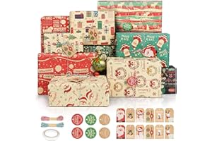CAKUNI Carta Regalo Natale, Disegni di Carta Natalizia Include Etichette e Spago, 10 Disegni di Carta da Regalo Natalizio Kraft Vintage Carta da Regalo per Natale 70X50CM