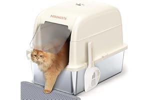 MeoWant Bac à Litière pour Chat en Acier Inoxydable, XXL Bac à Litière avec Pelle, Type Fermé en Forme de U Toilette, Toilettes pour Chat Amovibles avec Boîte de Charbon Actif Cachée sur Dessus