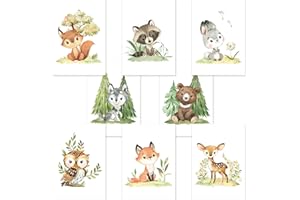 CreativeRobin Lot de 8 posters pour chambre d'enfant Motif animaux de la forêt I Décoration de chambre de bébé I REH, renard, ours, etc. avec Flora
