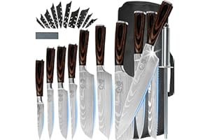 XYJ Set di coltelli da cucina in acciaio inox da 10 pezzi con asta affilatrice per coltelli e custodia per il trasporto e manico ergonomico