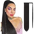 Sofeiyan Long Straight Ponytail Extension 28 inch Wrap Around Ponytail Synthetic Hair Extensions Clip in Ponytail Hairpiece for Women, Natural Black