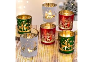 MJ PREMIER Christmas Glass Votive Candle Holders, Christmas Candle Holders Decorations, Set of 6 Glass Candle Holder, Chris tmas Tea Light Holders, Table Centerpieces Party Decorations (Snow/Xmas Tree/Reindeer)