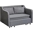 HOMCOM 2 Seater Sofa Bed, Modern Fabric Pull Out Futon Sleeper Couch with 2 Pillows, Side Pockets, Convertible Bed Settee for Living Room, Guest Room, Office, Grey
