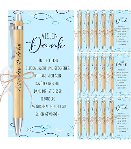 Faccito Babyparty Gastgeschenk-Set – 20 Dankeskarten & Kugelschreiber, Mit Holzstiften & Seil