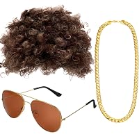 21Fashion 80er Jahre Kostüm-Set – Afro-Perücke, Schnurrbart, Sonnenbrille, Dollar-Halskette, Einheitsgröße