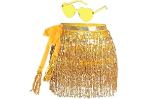 WEROWNSGSO Jupe à paillettes pour femme - Jupe à franges avec lunettes hippie - Mini jupe latine courte - Costume de danse du ventre - Costume de rave pour femmes et filles