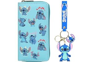 WINRIC Stitch Wallet with Stitch Keychain Set Cartoon Purses PU Purse Long Stitch Wallets and Keychains Stitch Gifts for Girls Women (D-1)