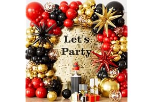 Red Black and Gold Balloons Garland Arch Kit, 142PCS Red Black Gold Confetti Balloon Arch kit with Stars -18 12 10 5 Inch Latex Balloons for Birthday Casino Hollywood Movie Night Party Decorations