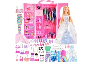 HappyGoLucky 47 pcs Ropa y Accesorios para Muñecas, 1 Armario Portátil y 1 Muñecas, Fashionista Vestidos Muñeca Juguetes Niños Regalo Niña 3-8 Años