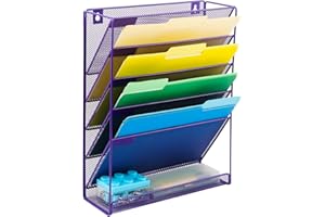 EASEPRES 6 Tier Purple Wall Mounted File A4 Paper Holder Organiser Vertical Wall Hanging Mesh Magazine Maill Storage Rack for School Office Home