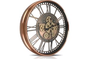 DORBOKER Real Moving Gears Wall Clock Large Modern Metal Clocks for Living Room Decor, Industrial Steampunk Unique Vintage Rustic Decorative Clock for Home Farmhouse Office, 53.5cm,Red Copper Roman