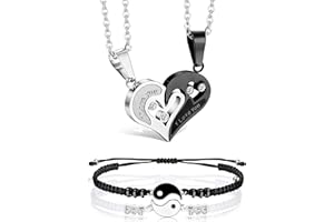 LOLIAS 4 Piezas Yin Yang Pulsera Pareja Collar con Colgante de Corazón Collar Pareja De La Amistad Adecuado para Parejas/Familia/Mejores Amigos Regalo de San Valentín
