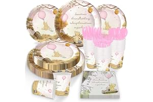 AURORAPARTY 168pcs Winnie Baby Shower Decorations Pooh Plates Napkins Cups Pink Vintage Bear Birthday Party Supplies Baby Girls Newborn Birthday Disposable Forks Paper Tableware Set for 24 Guests