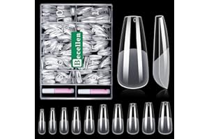 Becellen 500 sztuk sztucznych tipsów do paznokci, miękkie żelowe tipsy do paznokci żelowych, sztuczne paznokcie, zestaw z klejem do zdobienia paznokci DIY (balerina/coffin)