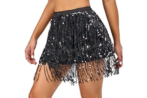PLIKSUVER Womens Sequin Tassel Skirt Belly Dance Skirts Glitter Sequin Skirts Fringe Sparkle Rave Skirt for Women Festival Dance Outfits