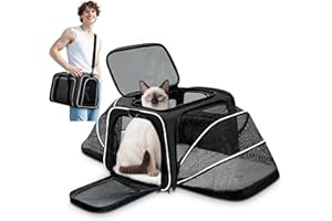 ALLSOPETS Transportín Extensible para Gatos y Perros Pequeños, Bolsa Plegable Suave con Ampliaciones Laterales, Cojín Extraíble y Bolsillos, Ideal para Viajes Coche y Avión (Blanco & Negro)