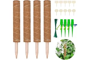 Halcyerdu 4 Stück 40 cm Kokosstab, mit 10 Pflanzenschilder, 50 Pflanzenbinder und 2 Automatisch Bewässerung, für Zimmerpflanzen, Pflanzstab Kokos Rankstab Rankhilfe Blumenstab