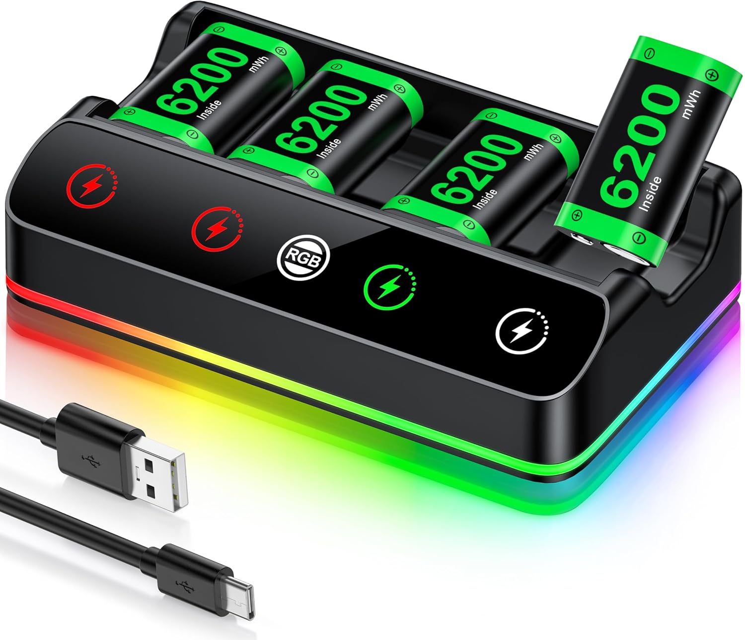 Rechargeable Battery Pack for Xbox One/Series Controller, 4x6200mWh Battery Pack with Charger/Cooling RGB/25H Playtime, Compatible with Xbox One/S/X/Elite 1, Series S/X Controller Thumb Grips