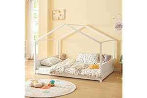[en.casa] Letto per Cameretta a Forma di Casetta Letto Piazza e Mezza per Bambini Struttura in Legno di Pino in Stile Montessori 120 x 200 cm - Bianco