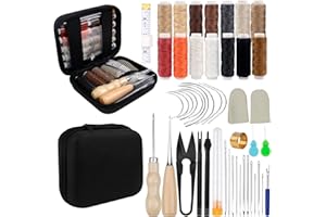 EKOCEV 48pcs Juego de Costura para Cuero, Kit de Artesanía Cuero con Agujas de Coser Cuero, Hilo para Coser Cuero de 14 Colores, Tijeras, Dedal, Aguja, Cinta Métrica y Otras, con Kit de Herramientas de Cuero