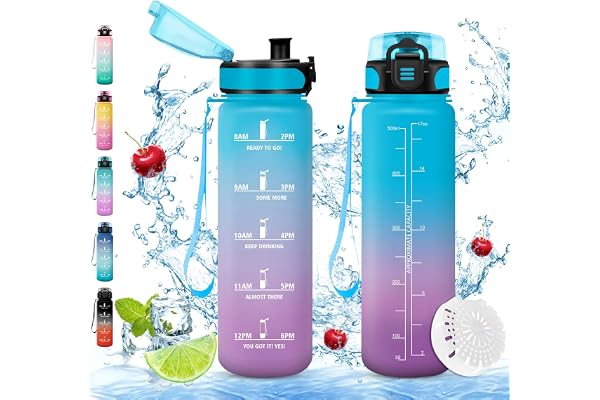 Vikaster Bouteille, Gourde 0.5Litre, sans BPA, Étanche & Réutilisable, Bouteille d'eau avec Marqueur de Temps et Filtre, Convient Pour la Enfant & Adulte, Gym, Yoga, Camping, Sport