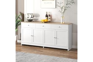 Becag Sideboard Kommode Weiß, Küchenschrank mit 4 Türen und 3 Schubladen, Buffetschrank Cabinet Sideboard Wohnzimmer Küche mit Holzfarbe Arbeitsplatte, 160Lx37Bx75H, Holzfarbe und Weiß