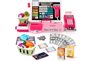 maysida Caja registradora para niños, Juguete, para niños pequeños, con calculadora Real, Caja registradora con escáner/Tarjeta de crédito/Dinero de Juguete/Alimentos, Rosa