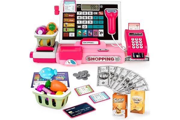 2025 Caisse enregistreuse pour Enfant, Jouet Caisse enregistreuse avec Vraie Calculatrice pour Enfants- Jouet, Scanner, Carte de crédit, Argent de Jeu, Nourriture (Rose)
