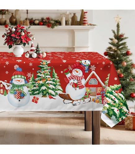 Nappe De Noël Rectangulaire Softalker - 150x300 Cm - Rouge à Flocons Et Sapins - Polyester Anti-tache - Pour Intérieur/extérieur - 4