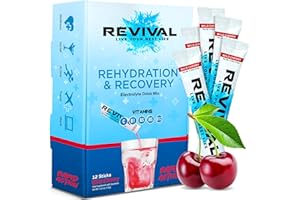 REVIVAL SHOTS Revival Rapid Rehydration, Electrolytes Powder - High Strength Vitamin C, B1, B3, B5, B12 Supplement Sachet Drink, Effervescent Electrolyte Hydration Tablets - 12 Pack Cherry