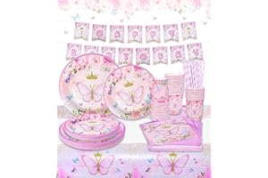 AHYDFSR Vajilla de Fiesta Mariposa Cumpleaños Decoracion de Fiesta Kit, Vajilla De Fiesta,Incluye Tazas,Platos, Pajitas,Mantel, Servilletas Para Fiestas,CumpleañOs Bodas,Aniversarios (20 Invitados), Rosa