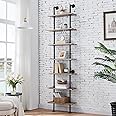 HOMBAZAAR Industrial Pipe Bookshelf,7 Tier Pipe Shelving,Wall Mounted Ladder Shelves with Metal Frame for Home Office,Living Room,Oak Brown