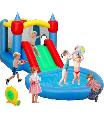 COSTWAY Château Gonflable 6 En 1 Enfants Avec Souffleur 480W, Maison De Saut Gonflable En Tissu Oxford Avec Piscine à Balles, Panier De Basket, Toboggan, 50 Balles Pour Jardin Pelouse Fête, 3-10