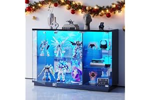 ‎LVIFUR Lvifur Glasvitrine LED Beleuchtung und Glastüren,Glas Vitrinenschrank,Display Cabinet mit Intelligente Sensorik,3-Lagen Holz Vitrine Staubdicht für Wohnzimmer Schlafzimmer Büro,Schwarz