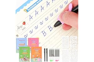 Meetory 4 quaderni magici tedeschi per bambini, con 20 penne, 4 stencil da disegno, calligrafia riutilizzabile, per imparare a scrivere numeri, disegno, matematica,