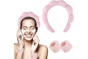 KERUTO 3 Pcs Spa Headband Puffy headband,Makeup Headbands for Women's Hair,Skincare Head Band for Washing Face with Wristband Scrunchies Skincare Face Washing Shower Set (Pink)