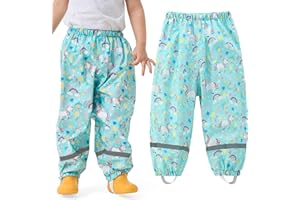 Domueay Pantaloni Impermeabili Bambini, Pioggia Leggero Non Imbottiti Pantalone Antipioggia Antivento con Riflettenti Stampa Animali Impermeabile Fango Pantaloni per Ragazzi Ragazze 1-10 Anni